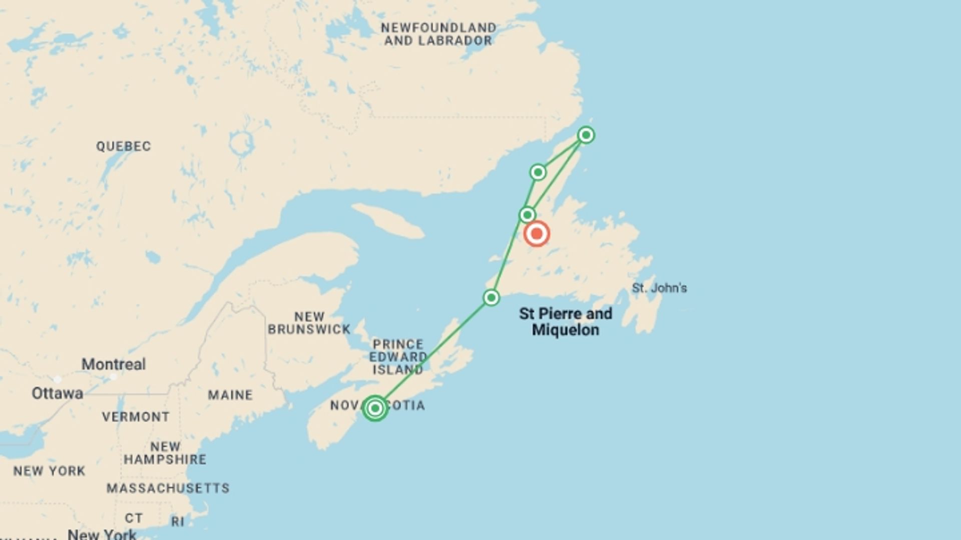 A map showing the tour itinerary for the trip: Newfoundland & Labrador’s Viking Trail, starting in Halifax, Canada and ending in Deer Lake, Canada going through 4 other destinations.