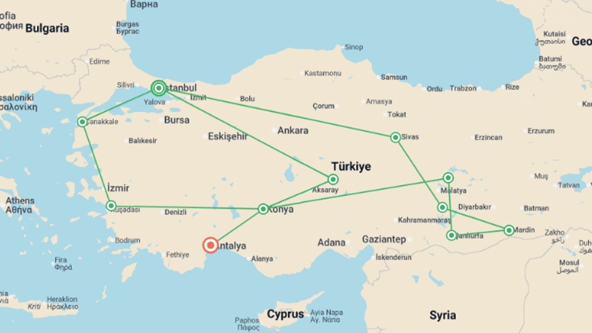 A map showing the tour itinerary for the trip: Turkey Adventure, starting in Istanbul, Turkey and ending in Antalya, Turkey going through 9 other destinations.