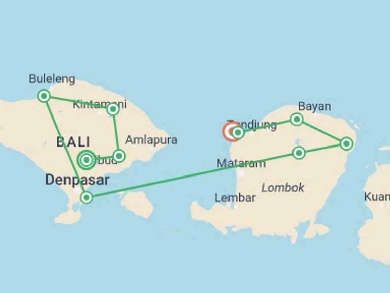 Map of Indonesia Tour with 10 destination visits for the trip: Bali & Lombok Adventure