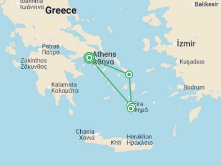 Map itinerary of Greece Tour in June 2027 with 3 destination visits for the trip: Greece Island Hopper featuring Athens, Mykonos and Santorini