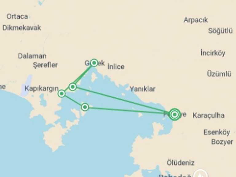 Map itinerary of Europe Tour in Fall with 5 destination visits for the trip: Fethiye And Gocek Gulet Tour