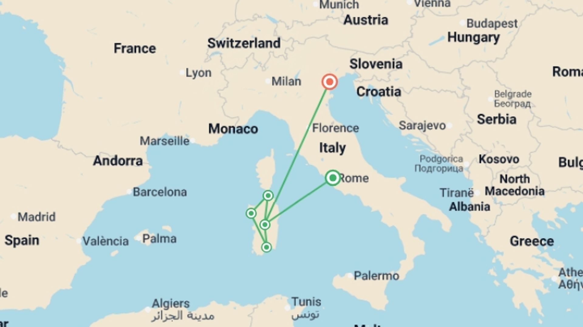 A map showing the tour itinerary for the trip: Signature Sardinia, starting in Rome, Italy and ending in Venice, Italy going through 4 other destinations.