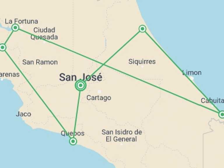 Map of 15-Day San Jose Tour with 6 destination visits for the trip: Complete Costa Rica 15 Days