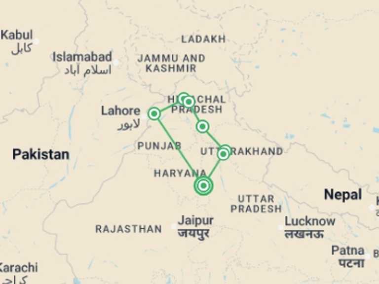 Map of India Cultural, religious and historic sites Tour with 6 destination visits for the trip: Foothills of the Himalaya