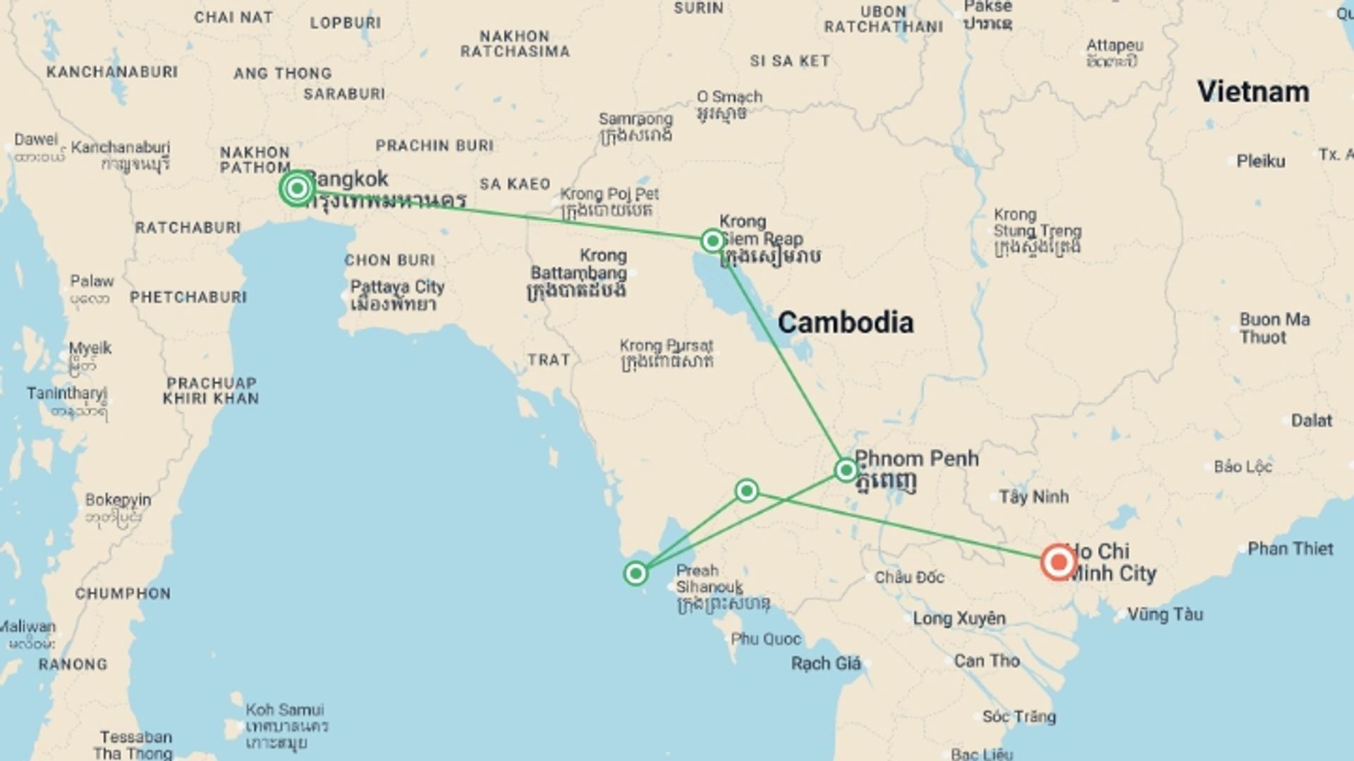 A map showing the tour itinerary for the trip: Cambodia: Ancient Ruins & Boat Rides, starting in Bangkok, Thailand and ending in Ho Chi Minh City, Vietnam going through 4 other destinations.