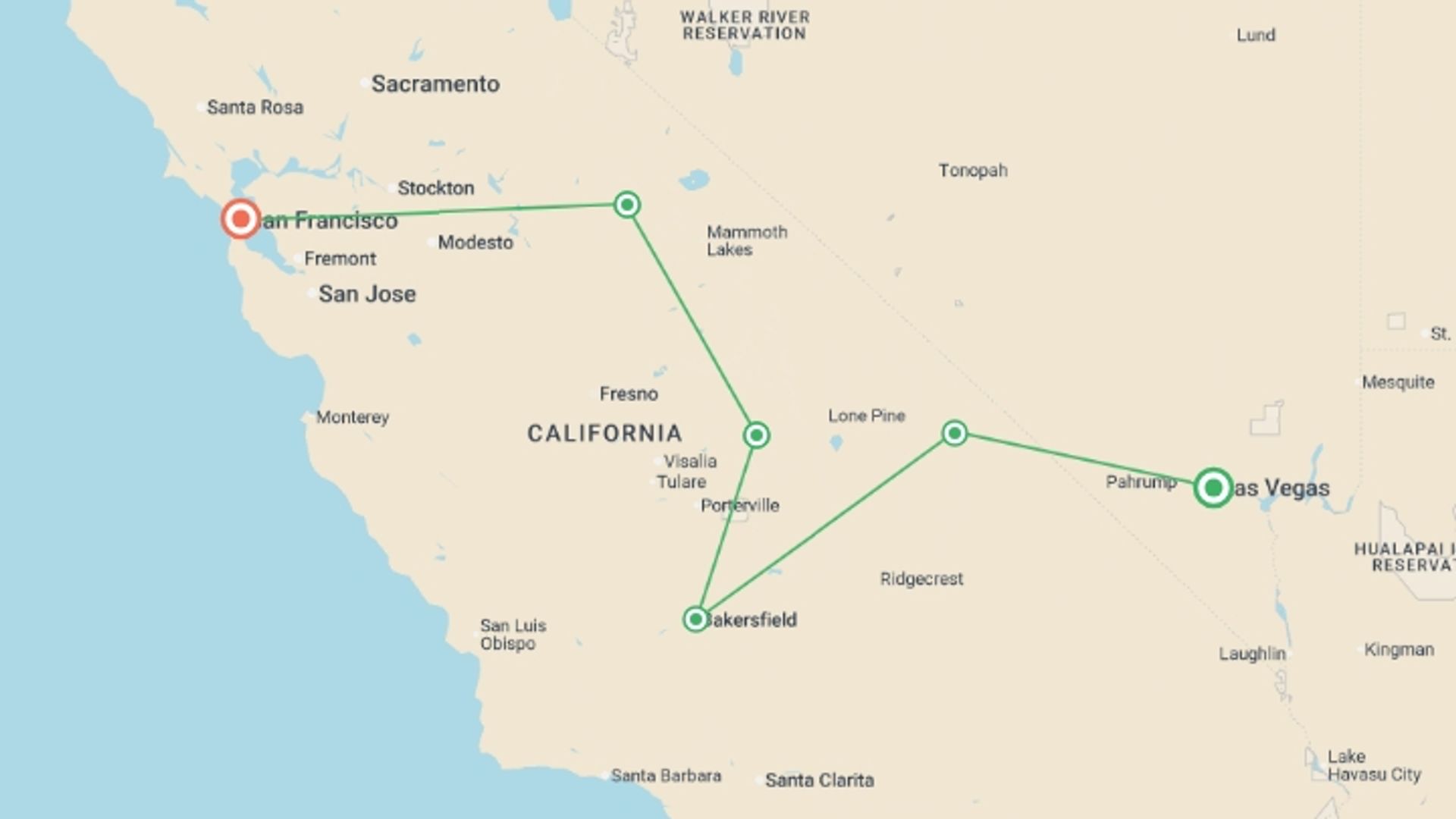 A map showing the tour itinerary for the trip: California National Park Discovery, starting in Las Vegas, USA and ending in San Francisco, USA going through 3 other destinations.