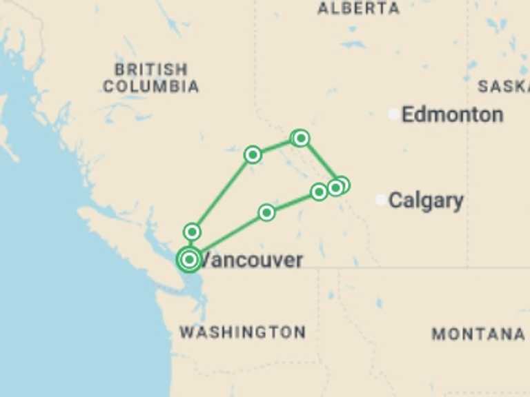 Map itinerary of Banff National Park Tour in July 2026 with 12 destination visits for the trip: Canadian Rockies