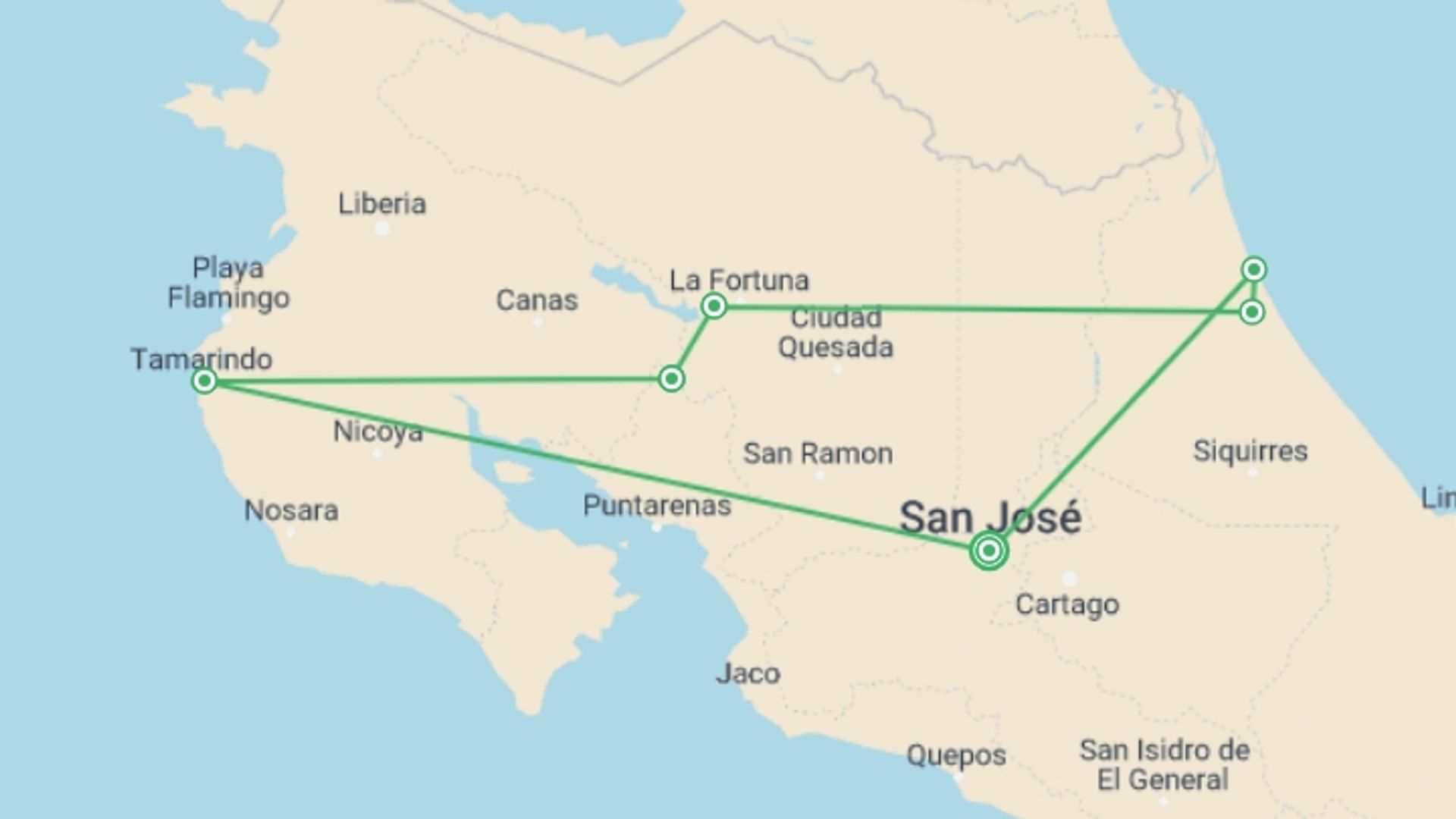 A map showing the tour itinerary for the trip: Costa Rica Highlights, 10 Days, starting in San Jose, Costa Rica and ending in San Jose, Costa Rica going through 6 other destinations.