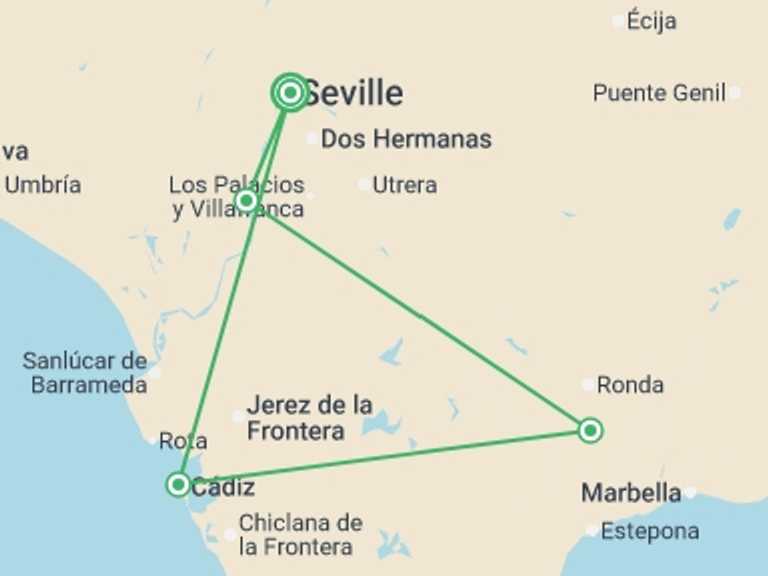 Map itinerary of Spain Tour in November 2026 with 4 destination visits for the trip: Amazing Andalusia: Enchanting Villages, Traditional Architecture, and Fabulous Cuisine (port-to-port cruise)