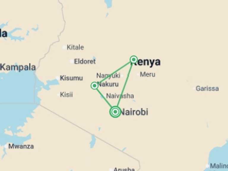 Map of Kenya Tour with 3 destination visits for the trip: Kenya Highlights Safari 4D/3N (Lake Nakuru & Samburu)