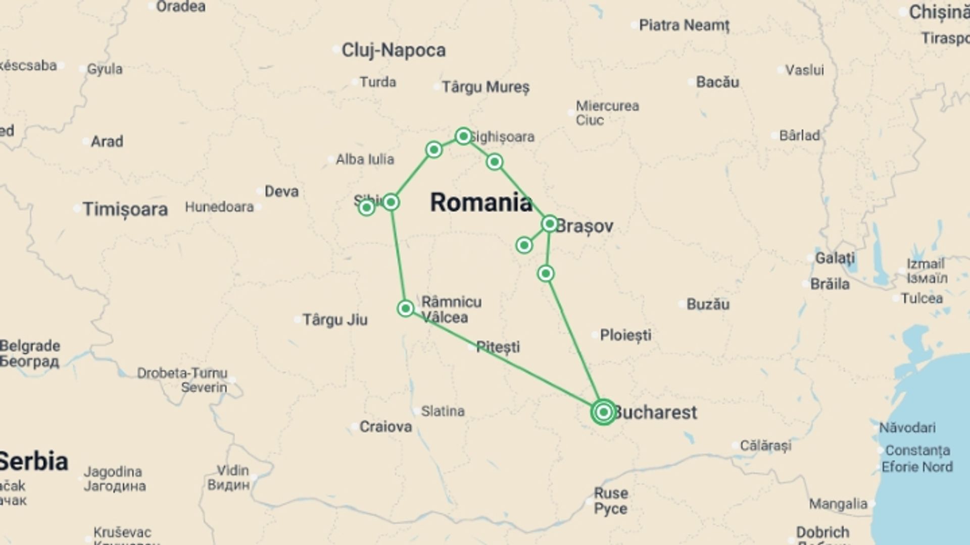 A map showing the tour itinerary for the trip: Romania: Mountains to Monasteries, starting in Bucharest, Romania and ending in Bucharest, Romania going through 4 other destinations.