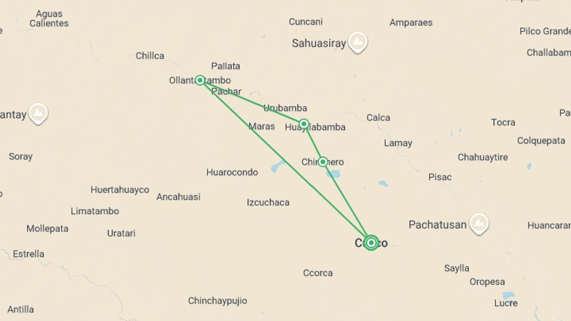 A map showing the tour itinerary for the trip: Discovering Cusco, starting in Cusco, Peru and ending in Cusco, Peru going through 1 other destinations.
