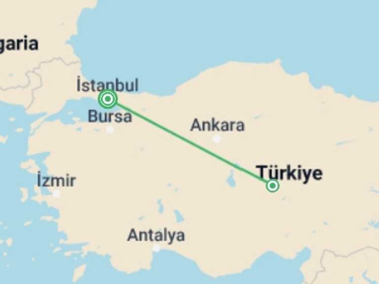 Map itinerary of Turkey Tour in September 2025 with 2 destination visits for the trip: Istanbul and Cappadocia Explorer Tour