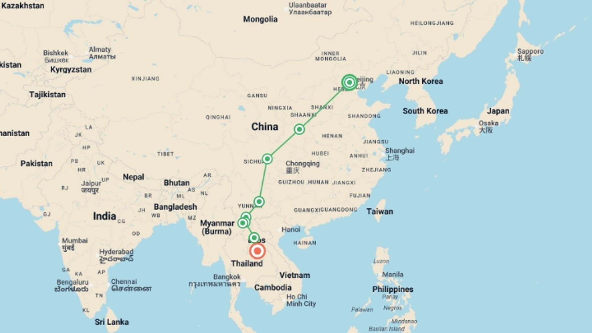 A map showing the tour itinerary for the trip: China to Laos (4-5 Star) - 16 days, starting in Beijing, China and ending in Vientiane, Laos going through 7 other destinations.