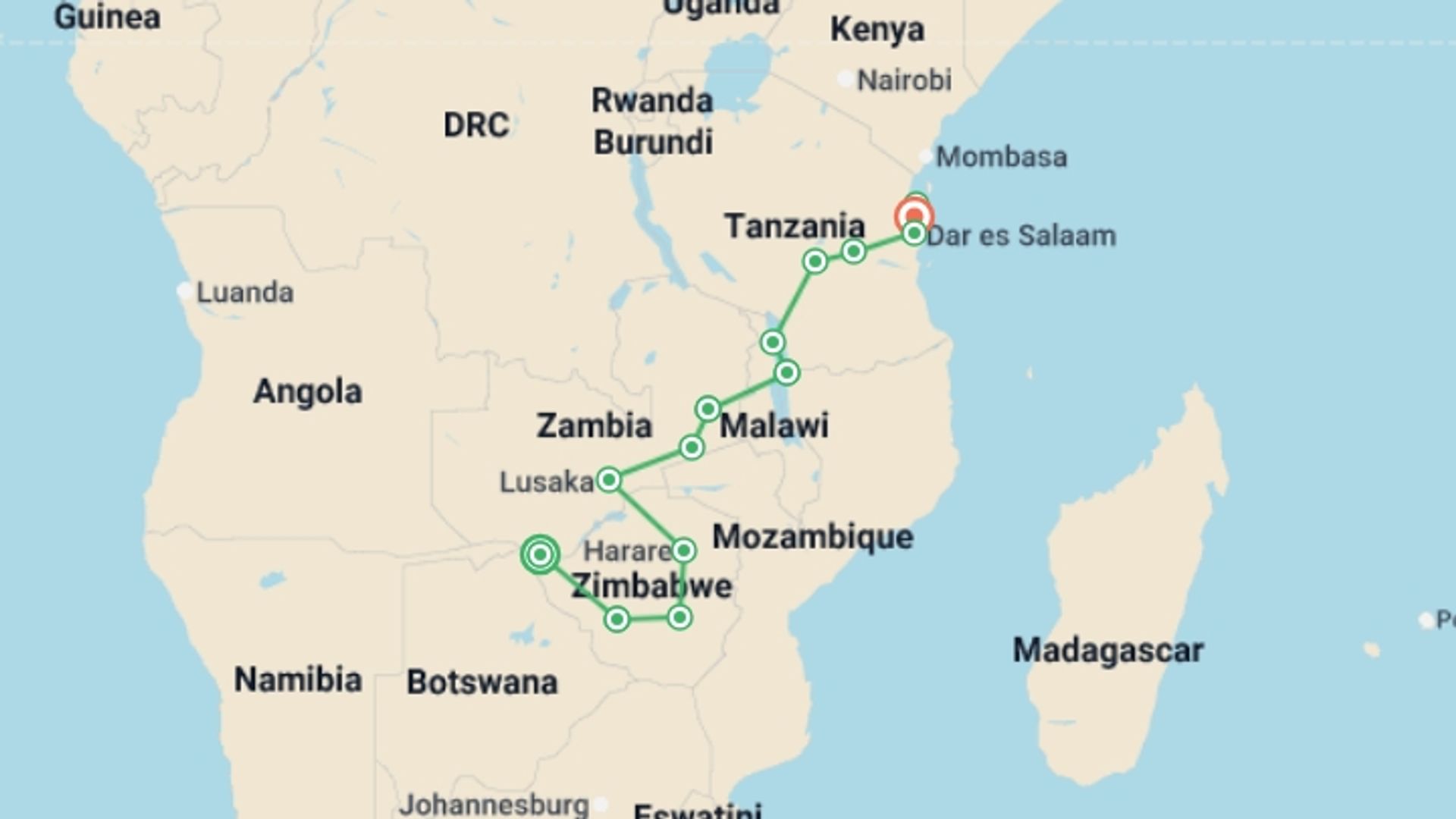 A map showing the tour itinerary for the trip: Vic Falls to Zanzibar, starting in Victoria Falls, Zimbabwe and ending in Zanzibar, Tanzania going through 13 other destinations.