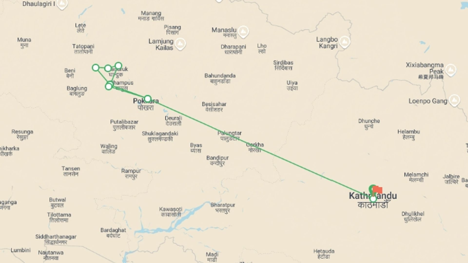 A map showing the tour itinerary for the trip: Poonhill trek, starting in Kathmandu, Nepal and ending in Kathmandu, Nepal going through 6 other destinations.