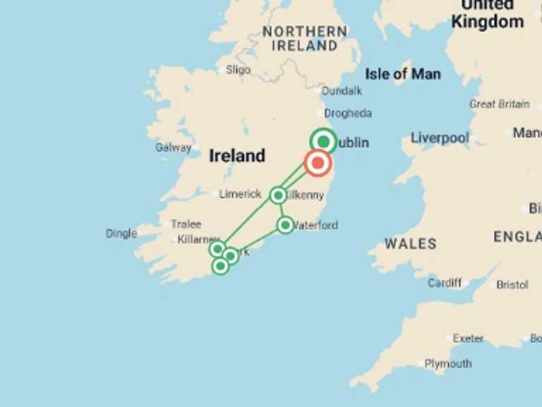 Map of Ireland Tour with 5 destination visits for the trip: Blarney Castle, Whiskey and Mountains (Hotel) - 3 days