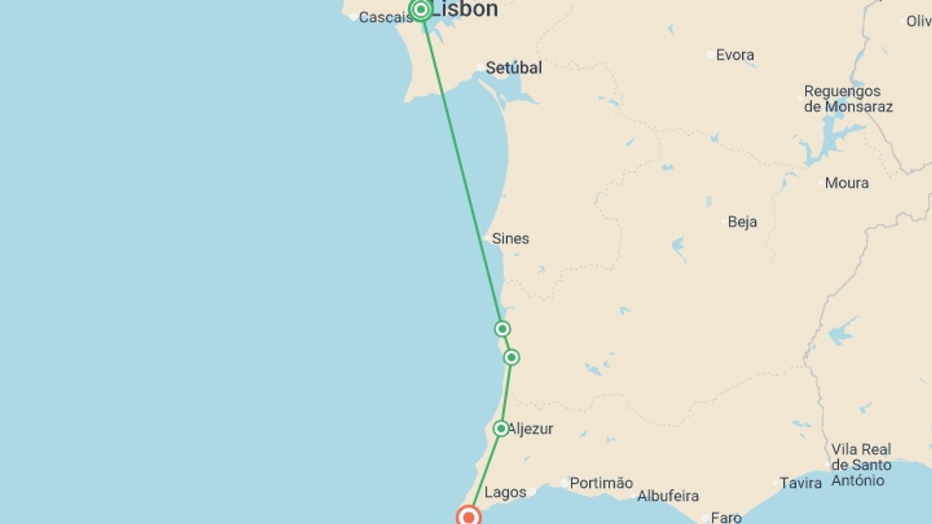 A map showing the tour itinerary for the trip: Hike the Rota Vicentina in Portugal, starting in Lisbon, Portugal and ending in Sagres, Portugal going through 3 other destinations.