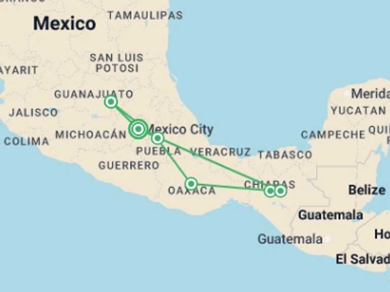 Map of 10-Day North America Tour with 6 destination visits for the trip: Mexico: Paths of Tradition