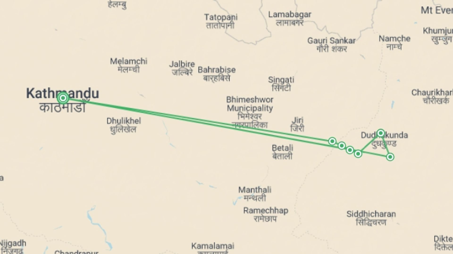 A map showing the tour itinerary for the trip: Pikey Peak Trek, starting in Kathmandu, Nepal and ending in Kathmandu, Nepal going through 8 other destinations.