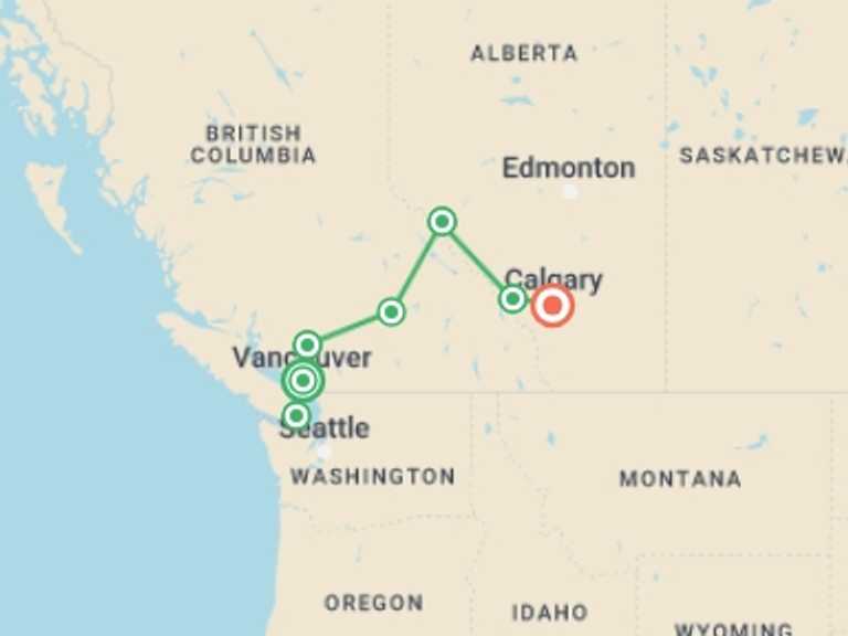 Map of a National parks Tour with 8 destination visits for the trip: Grand Canadian Rockies