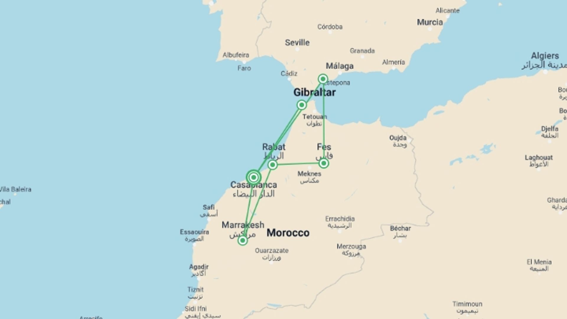 A map showing the tour itinerary for the trip: Morocco 5-day Tour From Málaga With Accommodation, starting in Casablanca, Morocco and ending in Casablanca, Morocco going through 3 other destinations.