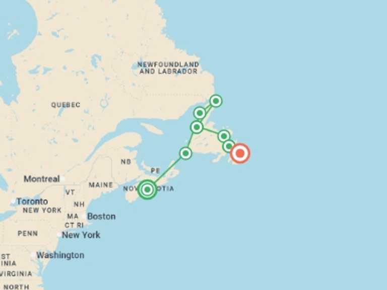 Map of 13-Day North America Tour with 10 destination visits for the trip: Circle Newfoundland & Labrador