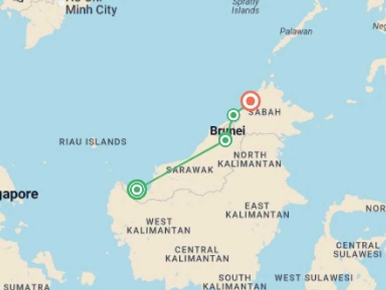 Map itinerary of South East Asia Tour in August 2026 with 5 destination visits for the trip: Wild Sarawak
