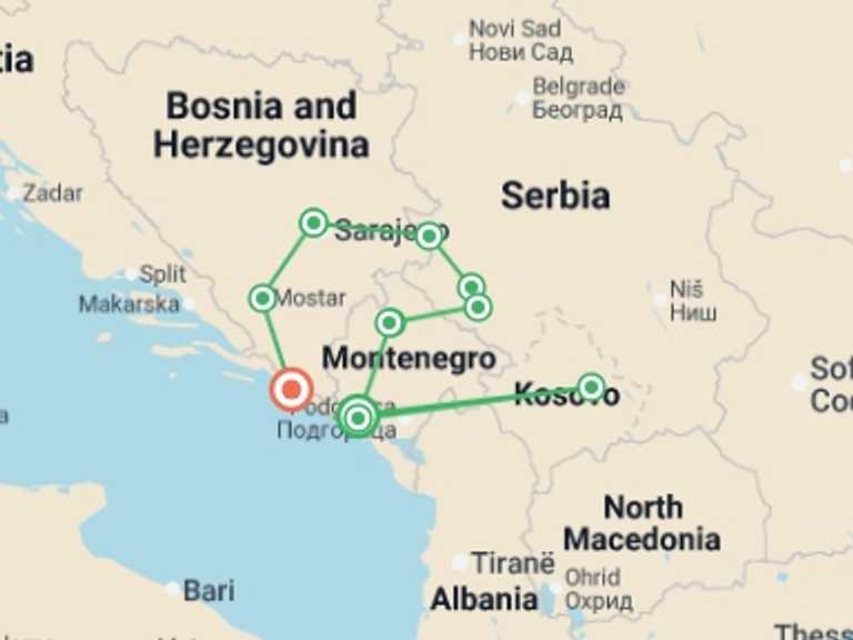 Map itinerary of Mediterranean Tour in October 2026 with 12 destination visits for the trip: Journey Through the Balkans