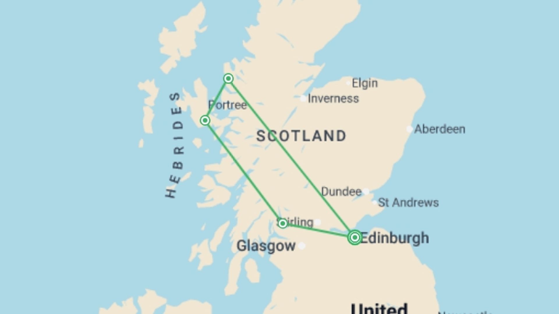 A map showing the tour itinerary for the trip: Wild Scotland and the Isle of Skye, starting in Edinburgh, Scotland and ending in Edinburgh, Scotland going through 0 other destinations.
