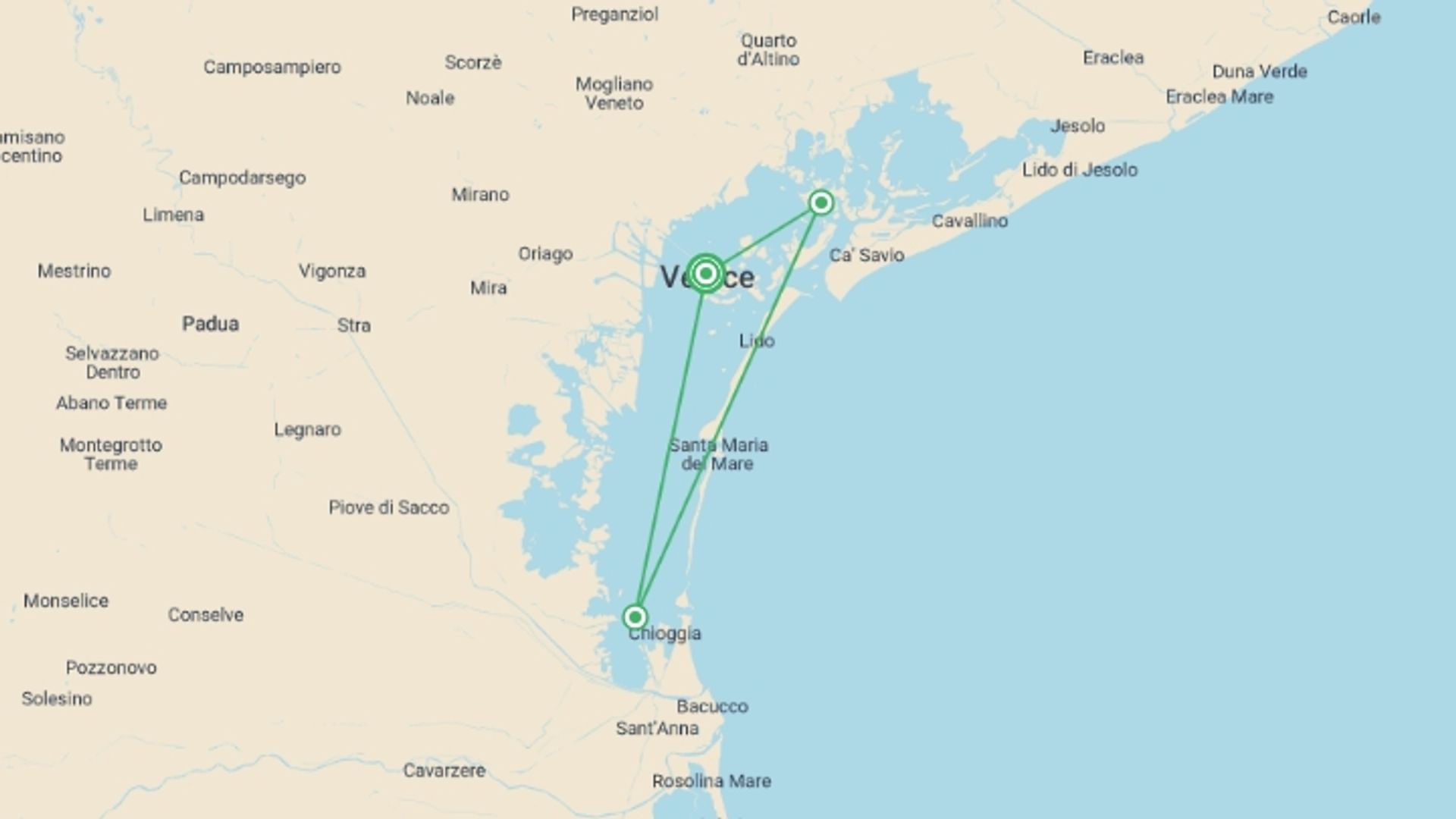 A map showing the tour itinerary for the trip: Family Club - Timeless Venice (port-to-port package), starting in Venice, Italy and ending in Venice, Italy going through 1 other destinations.