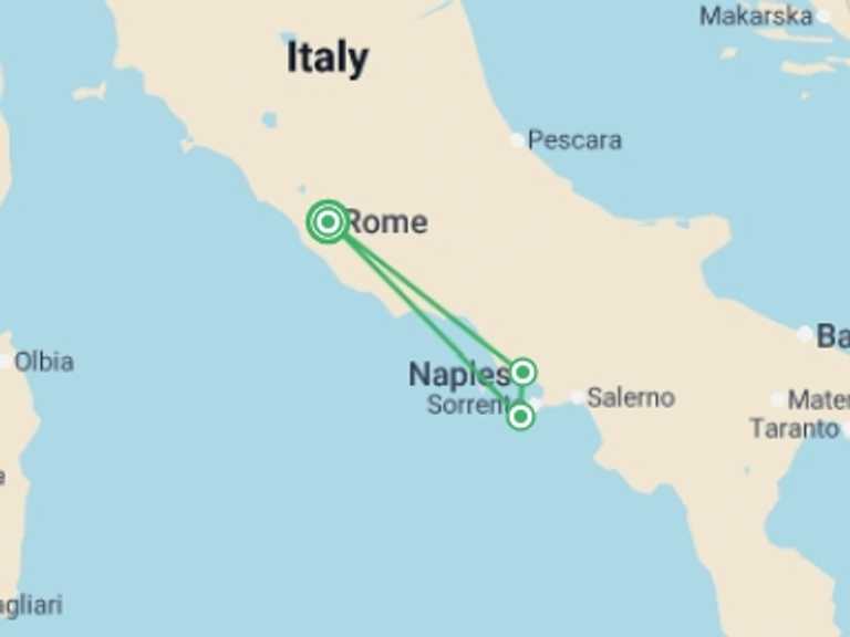Map itinerary of Europe Tour in January 2027 with 2 destination visits for the trip: Beautiful Campania