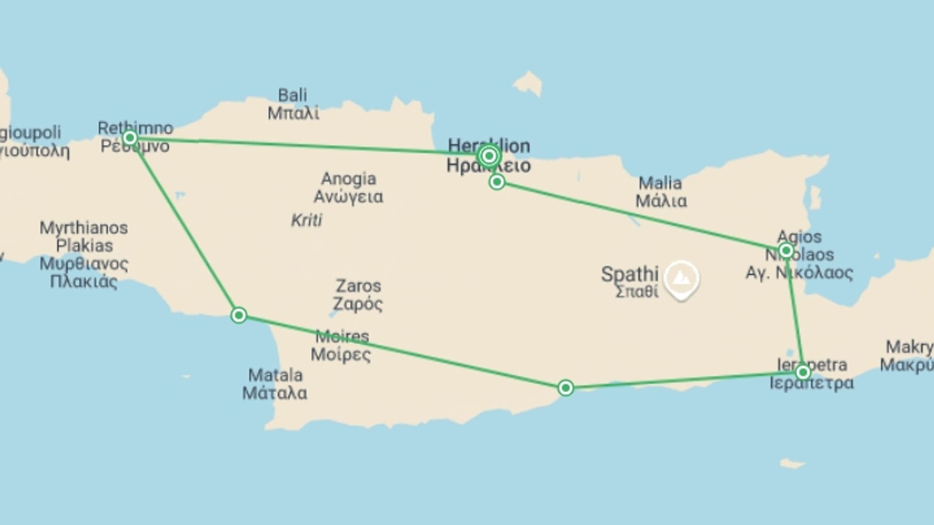 A map showing the tour itinerary for the trip: Cycling the Coast of Eastern Crete, starting in Heraklion, Greece and ending in Heraklion, Greece going through 6 other destinations.