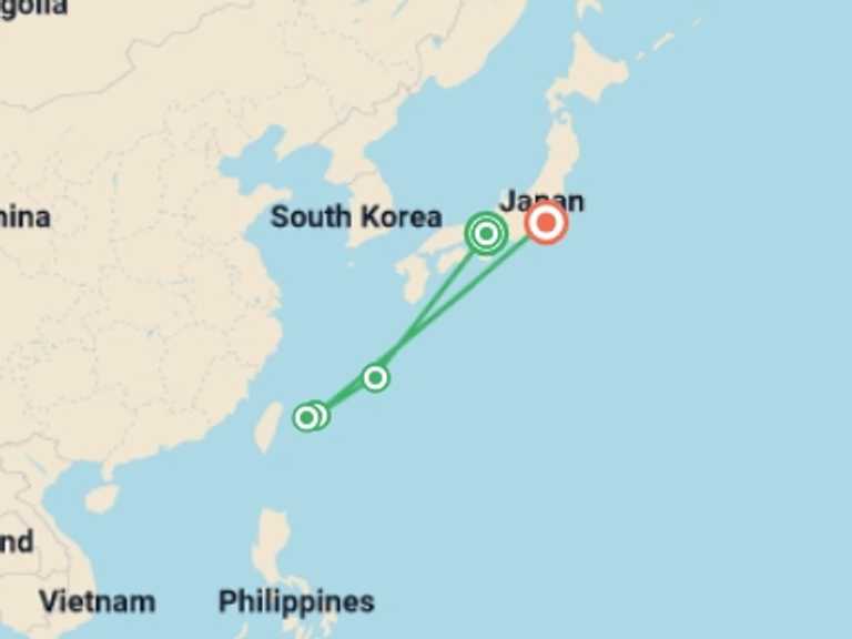 Map itinerary of Japan Tour in Fall with 5 destination visits for the trip: Active Japan: Kyoto to Tokyo Island Hopping