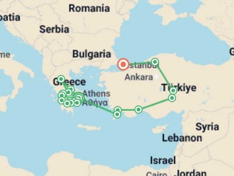 Map of Antalya Cultural, religious and historic sites Tour with 11 destination visits for the trip: Complete Greece and Amazing Turkey