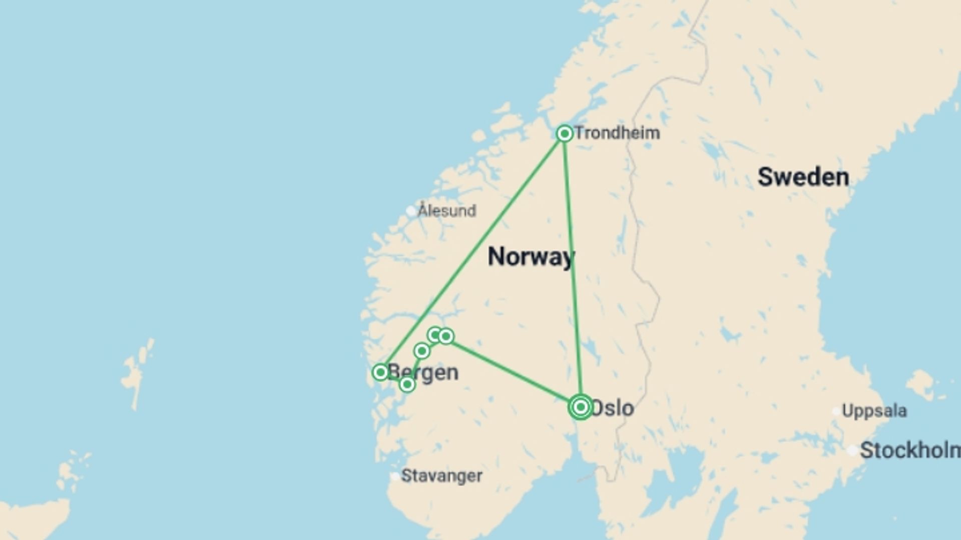 A map showing the tour itinerary for the trip: Fjords, Cruise & Coast - 9 days, starting in Oslo, Norway and ending in Oslo, Norway going through 4 other destinations.