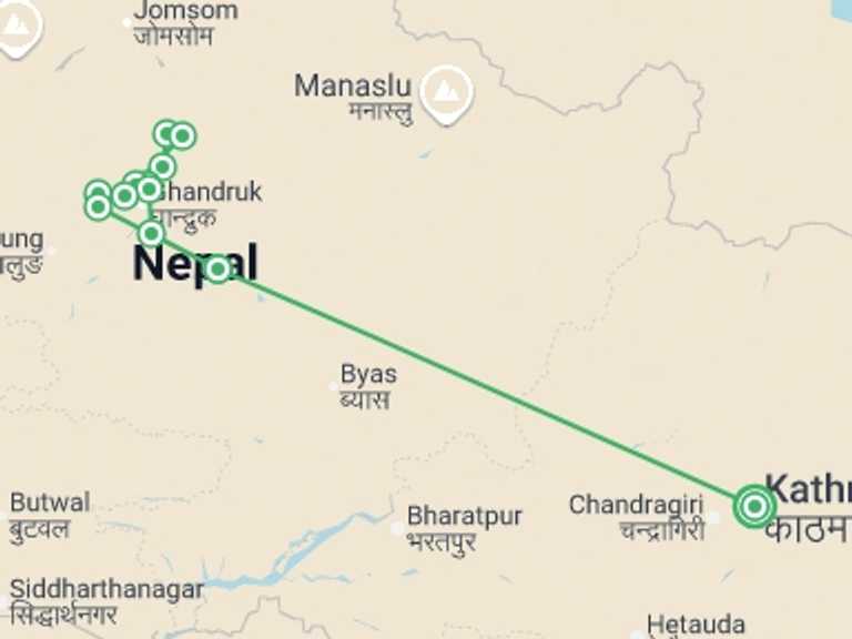 Map itinerary of Nepal Tour in Winter with 13 destination visits for the trip: Annapurna Base Camp Trek
