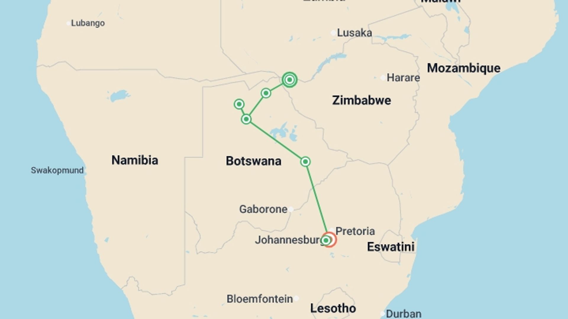 A map showing the tour itinerary for the trip: Okavango & Beyond, starting in Victoria Falls, Zimbabwe and ending in Johannesburg, South Africa going through 5 other destinations.