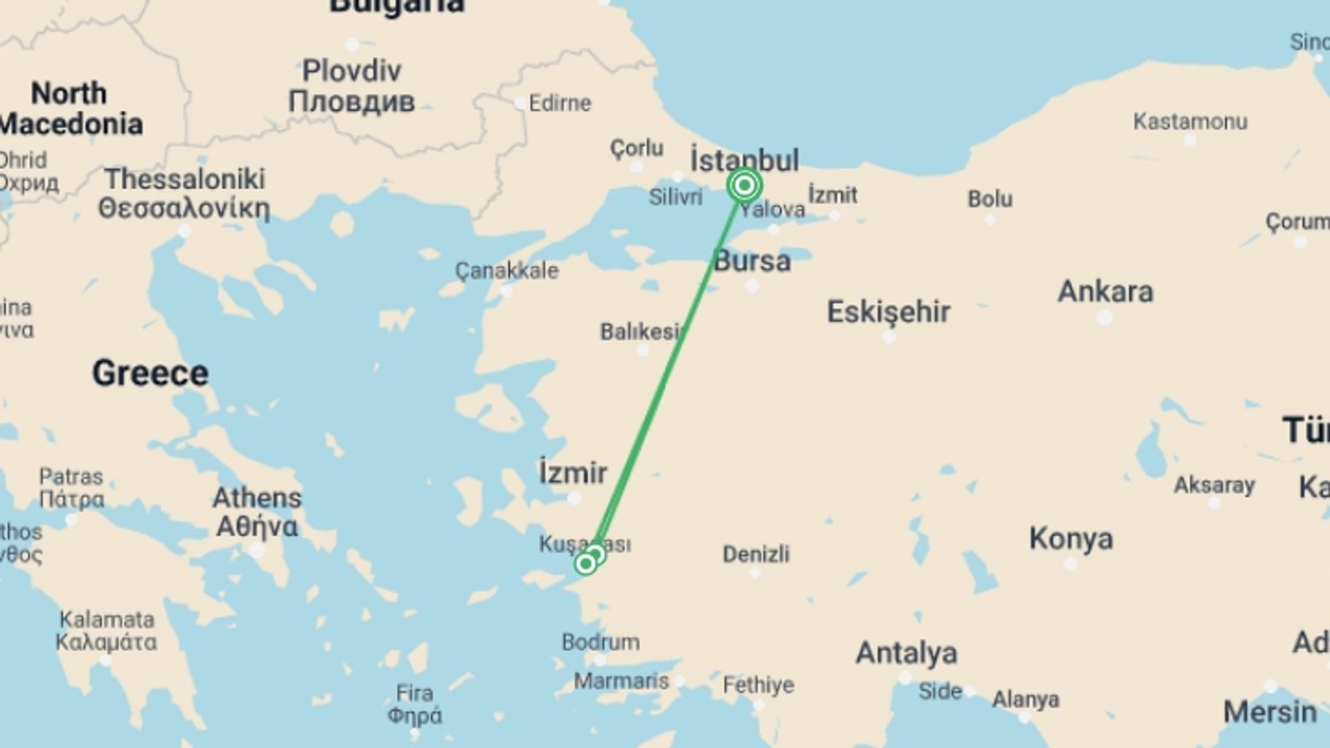 A map showing the tour itinerary for the trip: Istanbul, Ephesus & Pamukkale in 5 Days, starting in Istanbul, Turkey and ending in Istanbul, Turkey going through 3 other destinations.