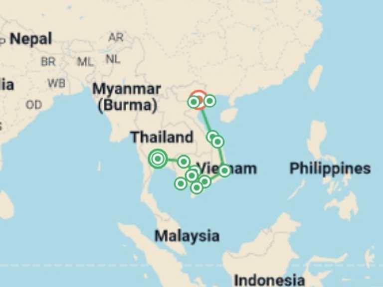 Map itinerary of Hanoi Tour in July 2027 with 14 destination visits for the trip: Cambodia & Vietnam Experience