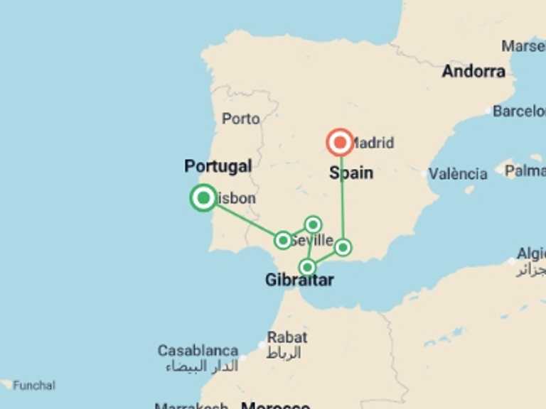 Map of a Adventure and sport Tour with 6 destination visits for the trip: Seville, Cordoba, Costa del Sol & Granada - 6 days