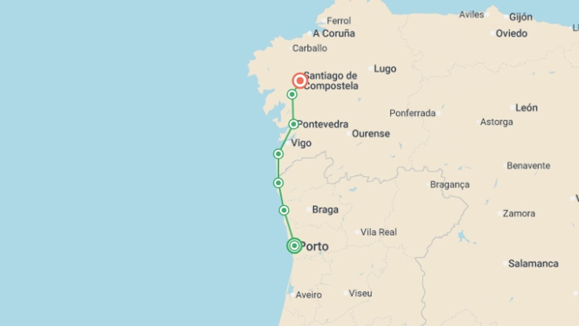 A map showing the tour itinerary for the trip: Cycle the Coastal Portuguese Camino, starting in Porto, Portugal and ending in Santiago De Compostela, Spain going through 5 other destinations.
