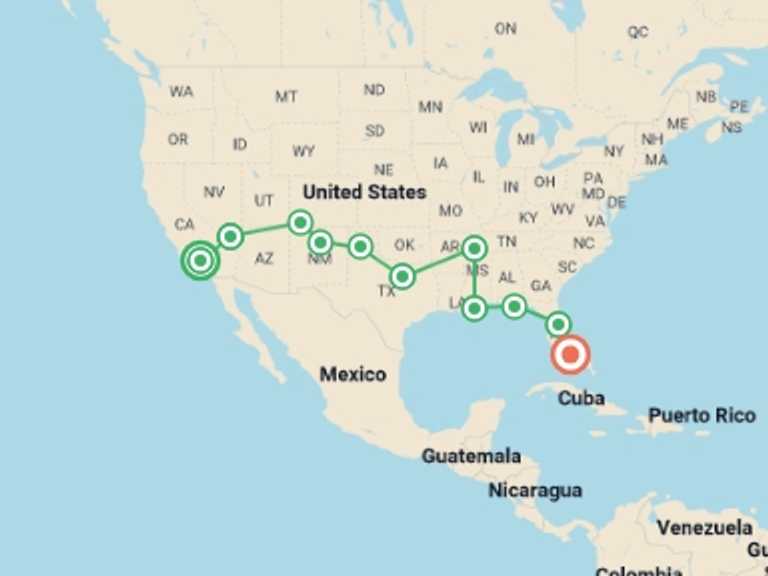 Map itinerary of North America Tour in August 2026 with 11 destination visits for the trip: USA: LA to Miami
