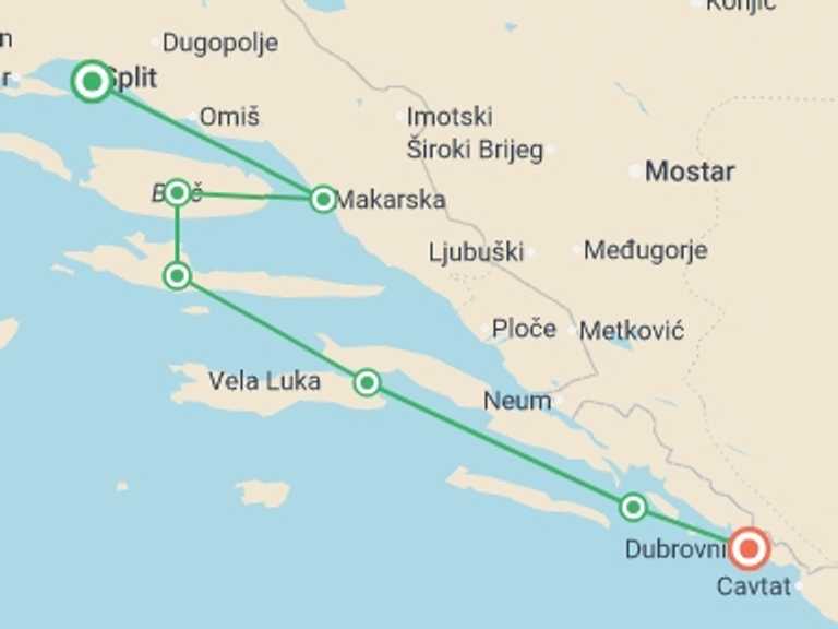 Map itinerary of Europe Tour in Fall with 6 destination visits for the trip: Adriatic Explorer from Split (Premium Plus) - 8 days
