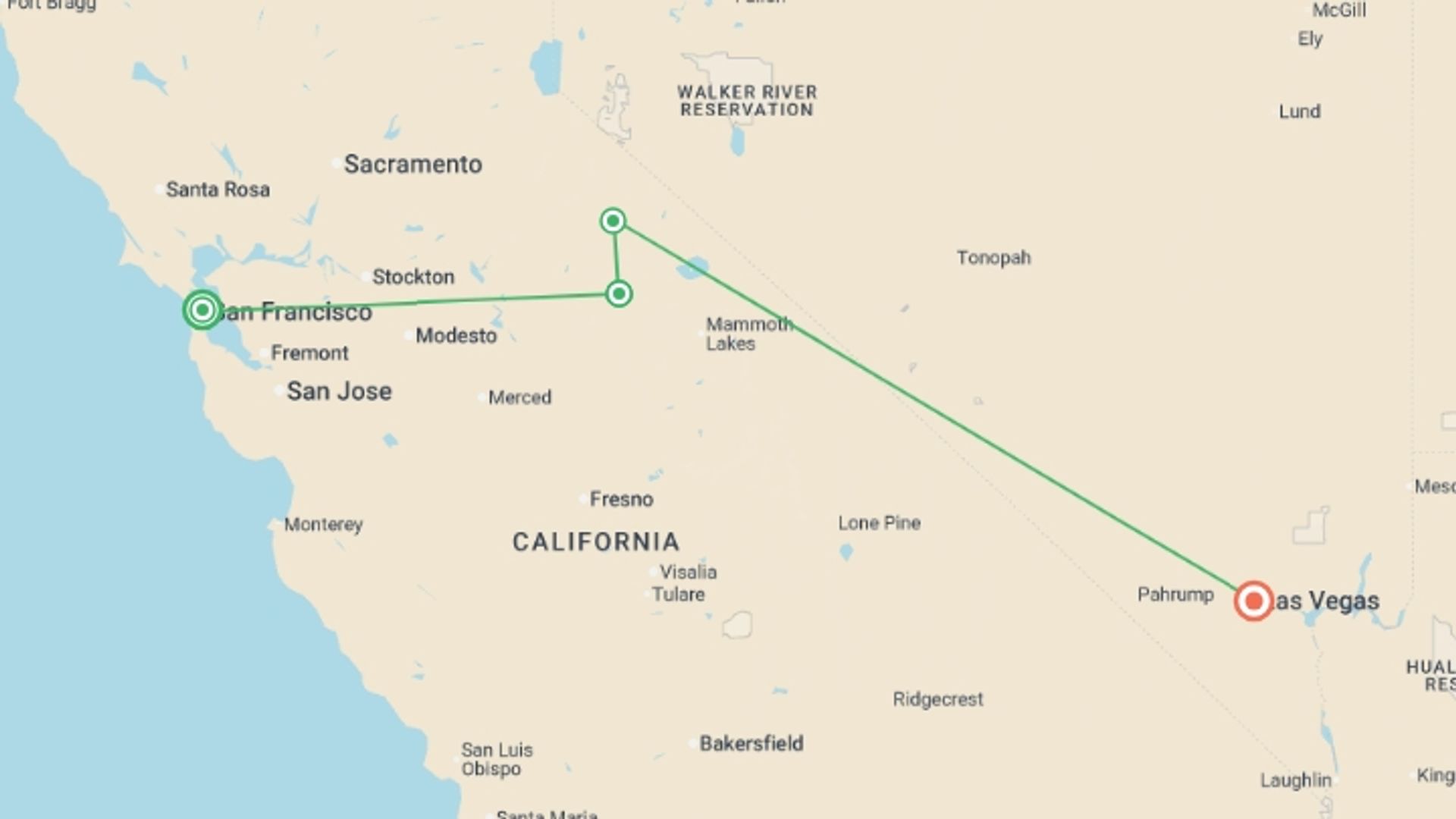 A map showing the tour itinerary for the trip: One Week from San Francisco to Vegas, starting in San Francisco, USA and ending in Las Vegas, USA going through 2 other destinations.