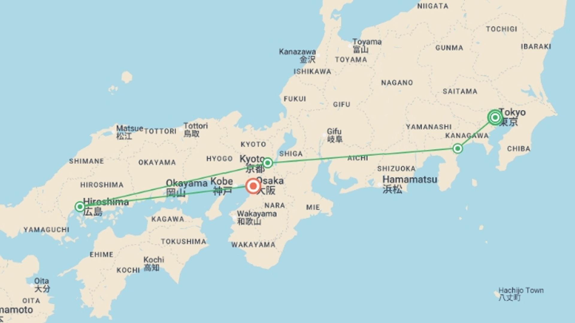 A map showing the tour itinerary for the trip: Japan Explorer 13D/12N, starting in Tokyo, Japan and ending in Osaka, Japan going through 3 other destinations.