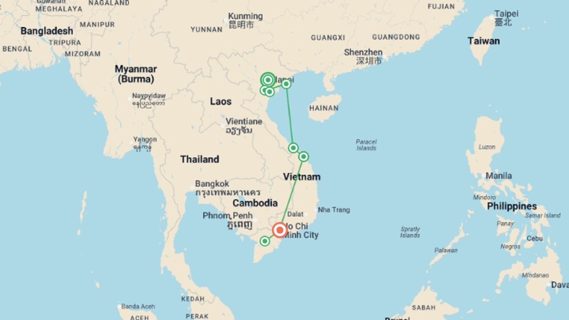 A map showing the tour itinerary for the trip: Best of Vietnam - Premium Adventure, starting in Hanoi, Vietnam and ending in Ho Chi Minh City, Vietnam going through 6 other destinations.