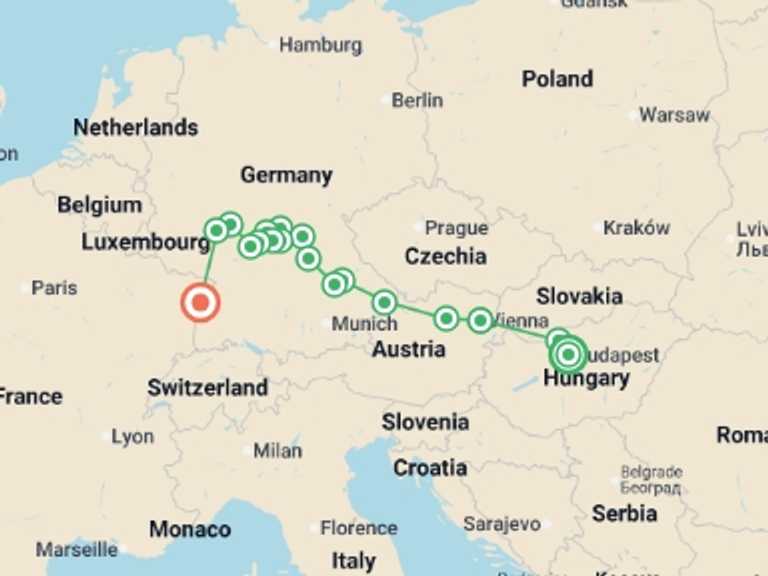 Map of Europe Tour with 12 destination visits for the trip: Trans-European cruise from Budapest to Strasbourg (port-to-port cruise)