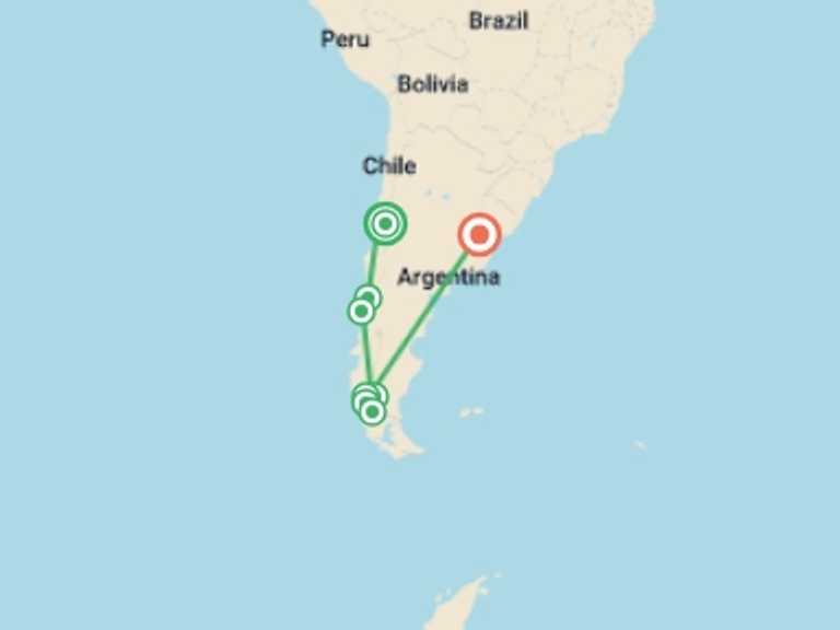 Map itinerary of Puerto Natales Tour in December 2026 with 9 destination visits for the trip: Patagonian Panorama - 12 days