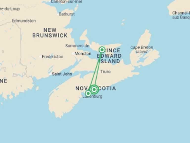 Map of Canada Explorer Tour with 3 destination visits for the trip: Halifax & Prince Edward Island - 6 days